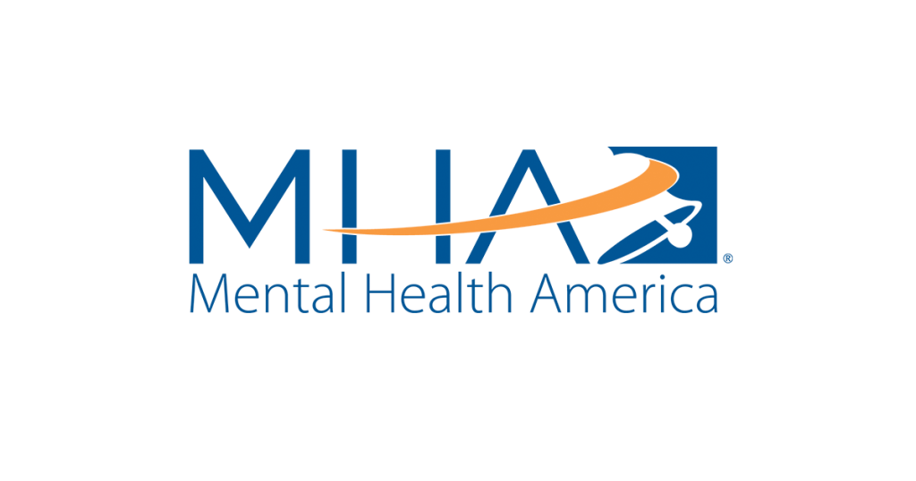 Logo of Mental Health America. The letters “MHA” are in blue, with a yellow curved line crossing through the middle. Below, “Mental Health America” is written in blue text. Background is transparent.