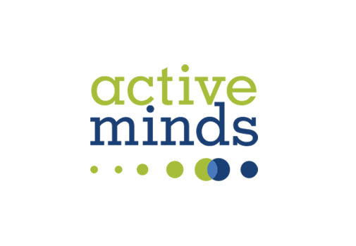 Active Minds logo with active in light green lowercase text above minds in dark blue lowercase text. Below are several dots in green and blue tones.