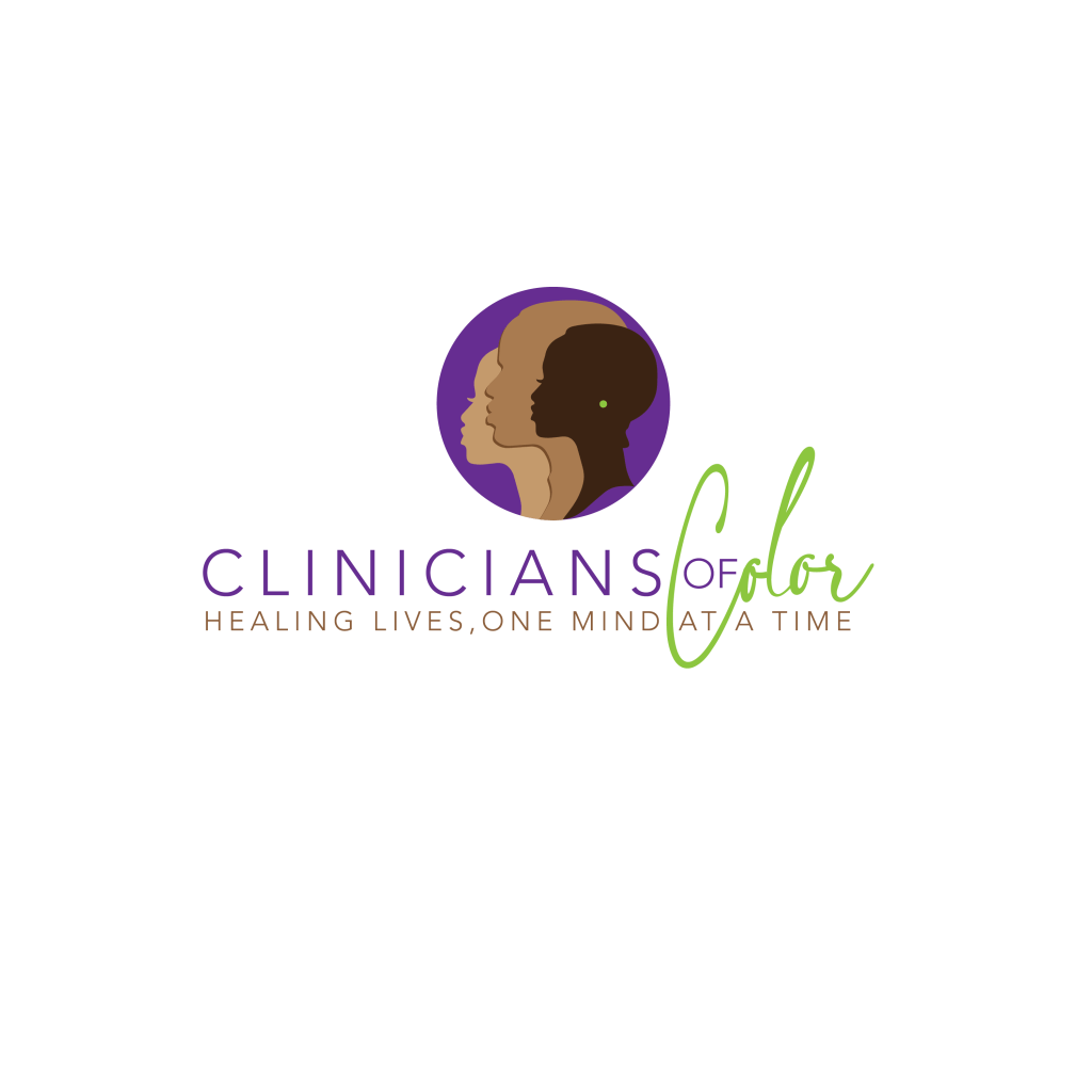 Logo for Clinicians of Color featuring silhouettes of two overlapping faces in profile, one beige and one brown, inside a purple circle. Below, the text reads: CLINICIANS OF COLOR: Healing lives, one mind at a time.