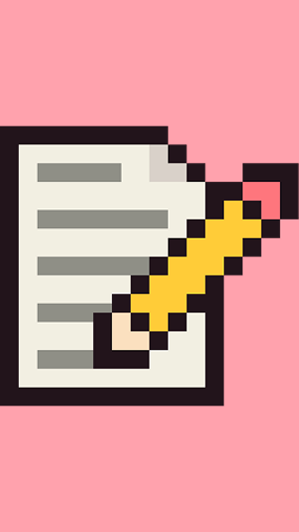 Pixel art of a yellow pencil writing on a sheet of lined paper, set against a pink background. The image uses a blocky, low-resolution style typical of retro video games.
