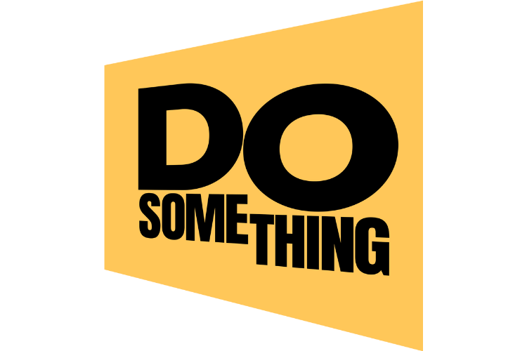 Text logo reading DO SOMETHING with the letter O in DO replaced by a drawing of Earth. The text and image are on a black background.