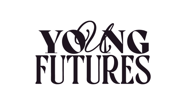 Black stylized text on a white background reads YOUNG FUTURES, with artistic, curly design elements integrated into the letters.