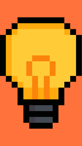 A pixel art illustration of a yellow light bulb with a black base, set against an orange background.