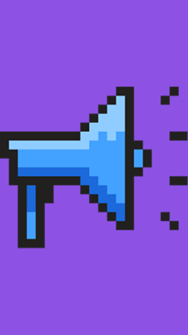 Pixel art of a blue megaphone with three sound lines, shown on a solid purple background.