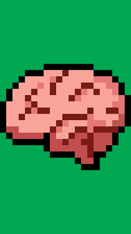 A pixel art illustration of a human brain in shades of pink and red, set against a solid green background.
