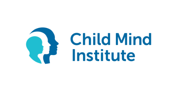 Logo of the Child Mind Institute featuring stylized silhouettes of a childs and adults heads in blue, next to the organizations name in blue text.